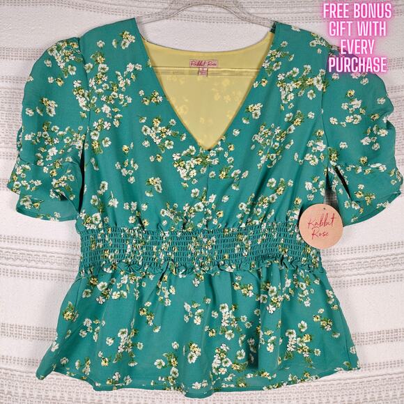 Rabbit Rose Green Floral Puff Sleeve Smocked Peplum Top Women’s XL NWT - Picture 1 of 10